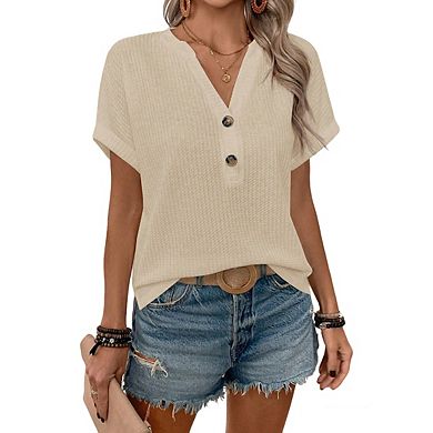 Women's V Neck Waffle Knit Top Short Rolled Sleeve Button Relaxed Loose Fit Blouse