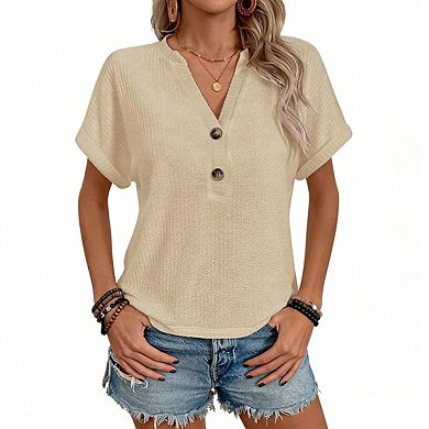 Women's V Neck Waffle Knit Top Short Rolled Sleeve Button Relaxed Loose Fit Blouse