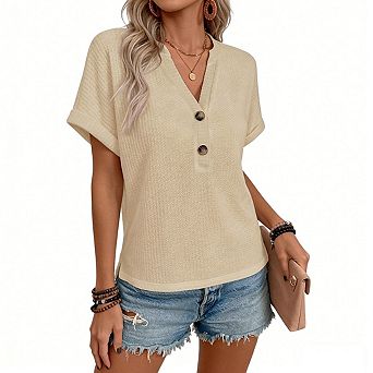 Women's V Neck Waffle Knit Top Short Rolled Sleeve Button Relaxed Loose Fit Blouse