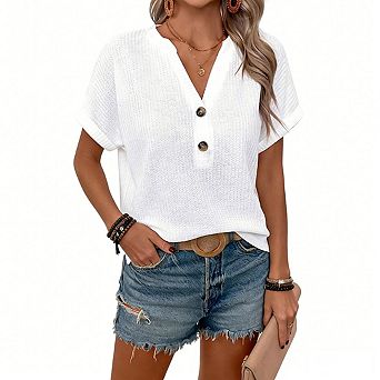 Women's V Neck Waffle Knit Top Short Rolled Sleeve Button Relaxed Loose Fit Blouse