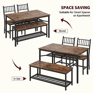 Dining Table Set for 4 with Bench and 2 Chairs, 4-Piece Kitchen Table Set for Apartment