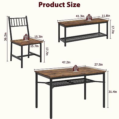 Dining Table Set for 4 with Bench and 2 Chairs, 4-Piece Kitchen Table Set for Apartment
