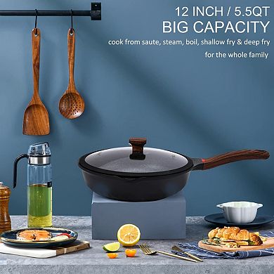 12in/5.5qt Nonstick Deep Frying Pan Saute With Lid Ceramic Coating