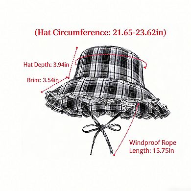 Women's Plaid Bucket Hat with Ruffle Brim Adjustable Sun Hat Lightweight Summer Beach Sun Hat