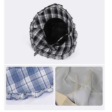 Women's Plaid Bucket Hat with Ruffle Brim Adjustable Sun Hat Lightweight Summer Beach Sun Hat