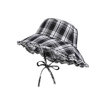 Women's Plaid Bucket Hat with Ruffle Brim Adjustable Sun Hat Lightweight Summer Beach Sun Hat