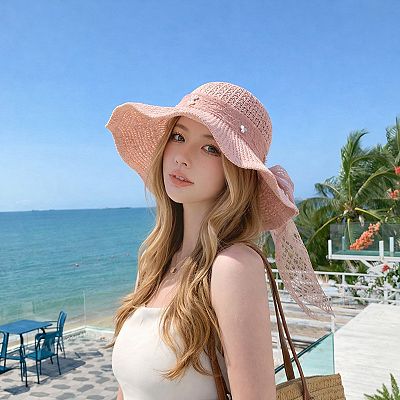 Wide Brim Straw Sun Hat with Lace Trim and Pearl Accents Anna-Kaci Women main image 2
