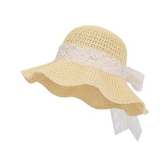Women's Wide Brim Straw Sun Hat with Lace Bow Ribbon Pearl Decoration Summer Beach Floppy Hat