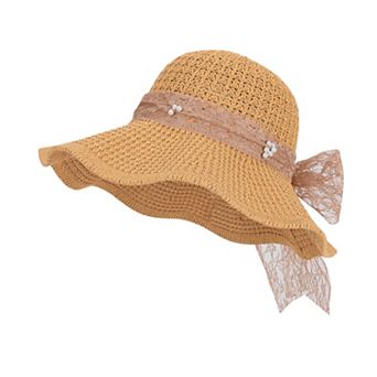 Women's Wide Brim Straw Sun Hat with Lace Bow Ribbon Pearl Decoration Summer Beach Floppy Hat