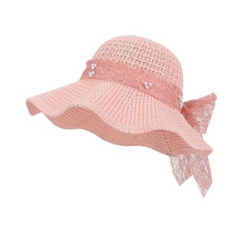 Women's Wide Brim Straw Sun Hat with Lace Bow Ribbon Pearl Decoration Summer Beach Floppy Hat