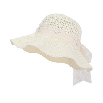 Women's Wide Brim Straw Sun Hat with Lace Bow Ribbon Pearl Decoration Summer Beach Floppy Hat