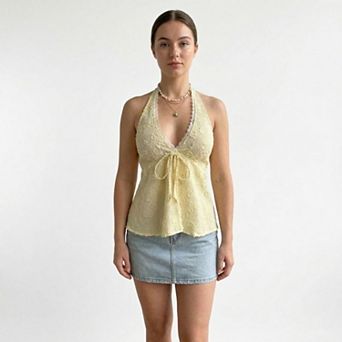 Women's Lace Halter Neck Sleeveless Top with Tie Front Detail Stretch Smocked Back