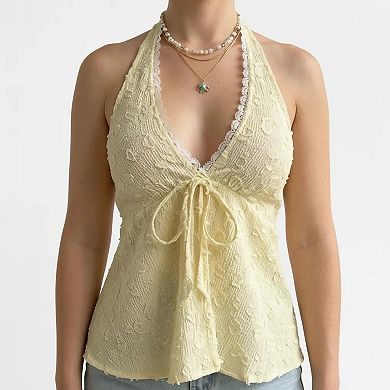 Women's Lace Halter Neck Sleeveless Top with Tie Front Detail Stretch Smocked Back