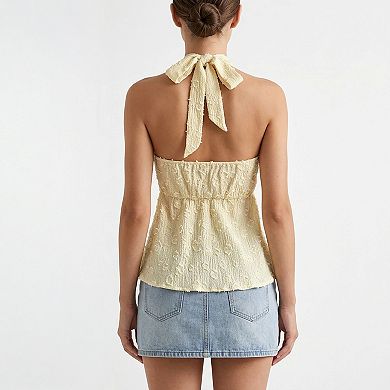 Women's Lace Halter Neck Sleeveless Top with Tie Front Detail Stretch Smocked Back