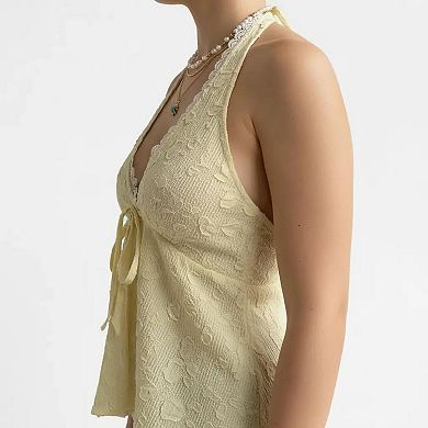 Women's Lace Halter Neck Sleeveless Top with Tie Front Detail Stretch Smocked Back