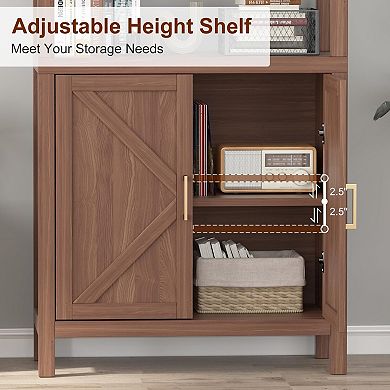 5 Tier Bookcase with X Patterned Doors, Farmhouse Bookshelf with Adjustable Shelf, Storage Cabinet
