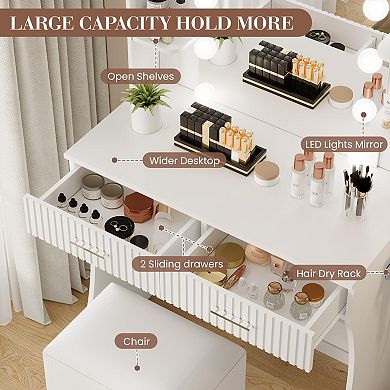 Makeup Vanity Desk with Mirror and Light, Vanity Table with Power Outlet, Hair Dryer Holder, Stool