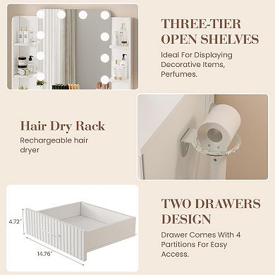 Makeup Vanity Desk with Mirror and Light, Vanity Table with Power Outlet, Hair Dryer Holder, Stool