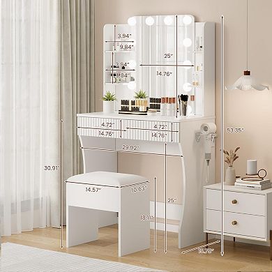 Makeup Vanity Desk with Mirror and Light, Vanity Table with Power Outlet, Hair Dryer Holder, Stool