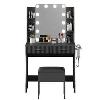 Makeup Vanity Desk with Mirror and Light, Vanity Table with Power Outlet, Hair Dryer Holder, Stool