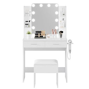 Makeup Vanity Desk with Mirror and Light, Vanity Table with Power Outlet, Hair Dryer Holder, Stool