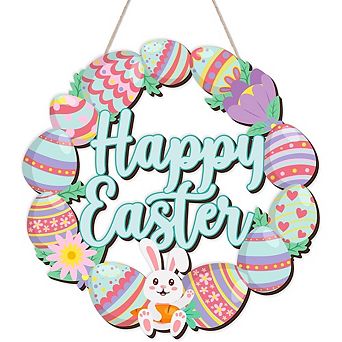 Happy Easter Bunny Eggs Wooden Door Sign Spring Front Door & Wall Decor