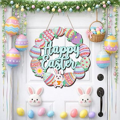 Happy Easter Bunny Eggs Wooden Door Sign Spring Front Door & Wall Decor