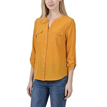 3/4 Roll Tab Sleeve Mandarin Collar Blouse