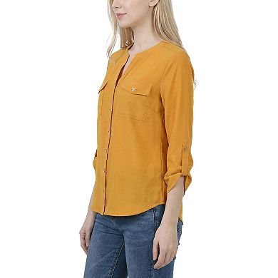 3/4 Roll Tab Sleeve Mandarin Collar Blouse