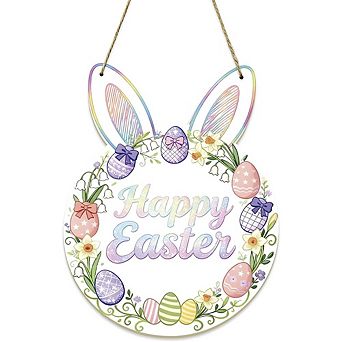 Happy Easter Bunny Eggs Wooden Wreath Front Door & Wall Decor