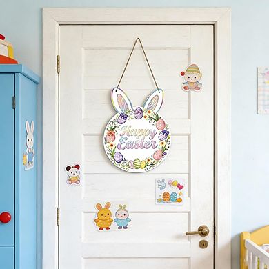 Happy Easter Bunny Eggs Wooden Wreath Front Door & Wall Decor