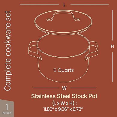 Bakken 5 Quart Ceramic Nonstick Stock Pot with Lid, Oven Safe 500°F
