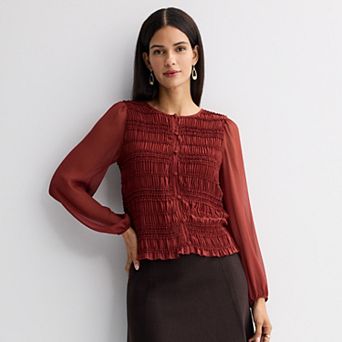 Women's Nine West Button Front Long Sleeve Crinkle Blouse