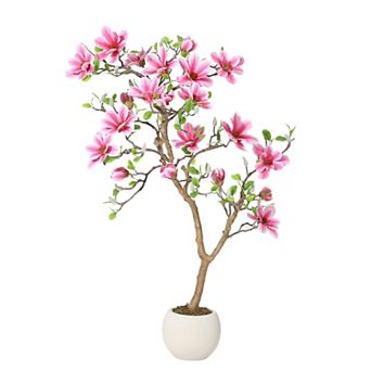 Artificial Magnolia Tree with Pink Flowers, Realistic Fake Plant for Indoor, Outdoor Decor