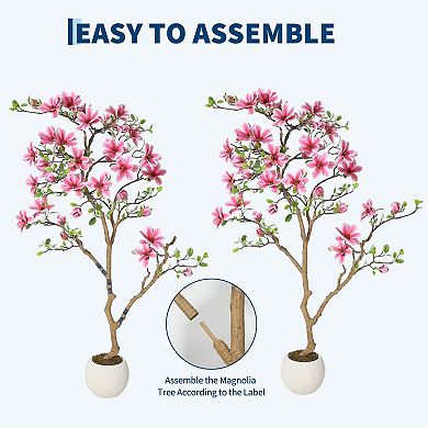 Artificial Magnolia Tree with Pink Flowers, Realistic Fake Plant for Indoor, Outdoor Decor
