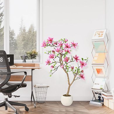 Artificial Magnolia Tree with Pink Flowers, Realistic Fake Plant for Indoor, Outdoor Decor