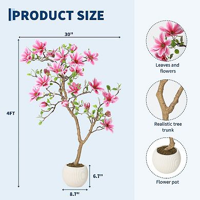 Artificial Magnolia Tree with Pink Flowers, Realistic Fake Plant for Indoor, Outdoor Decor