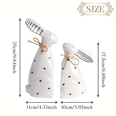 2PC Easter Bunny Ceramic Rabbit Figurine Spring Tabletop Garden Decor