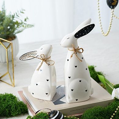 2PC Easter Bunny Ceramic Rabbit Figurine Spring Tabletop Garden Decor