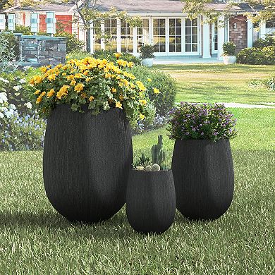 KWPZQEB Egg-Shaped Outdoor Stone-Look Textured Flower Pots Set of 3