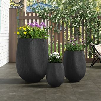KWPZQEB Egg-Shaped Outdoor Stone-Look Textured Flower Pots Set of 3