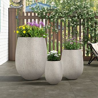 KWPZQEB Egg-Shaped Outdoor Stone-Look Textured Flower Pots Set of 3