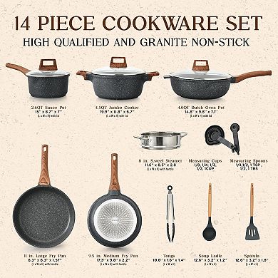 Bakken-Swiss 14-Piece Granite Non-Stick Cookware Set PFOA/PFOS/PTFE Free, Oven Safe