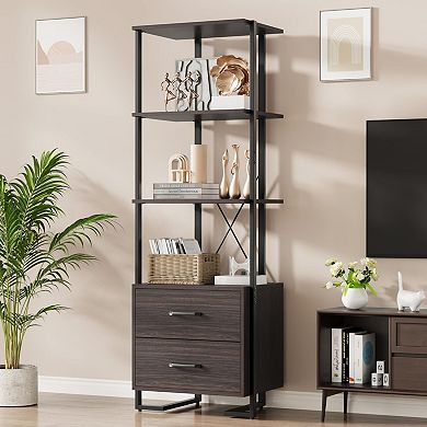 4 Tier Bookshelf with Storage Drawers, Industrial Bookcase with Metal Frame