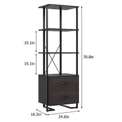 4 Tier Bookshelf with Storage Drawers, Industrial Bookcase with Metal Frame
