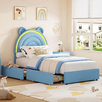 Twin Size Bed Frame with 2 Storage Drawers, Velvet Upholstered Platform