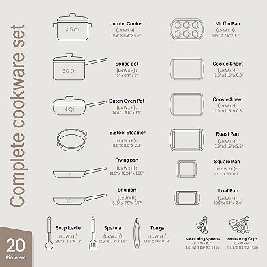 20-Piece Cookware & Bakeware Set Nonstick Granite Pots, Pans & Glass Lids, Oven Safe 500°F