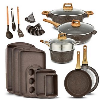 20 pc Cookware & Bakeware Set Nonstick Granite Pots, Pans & Glass Lids, Oven Safe 500°F