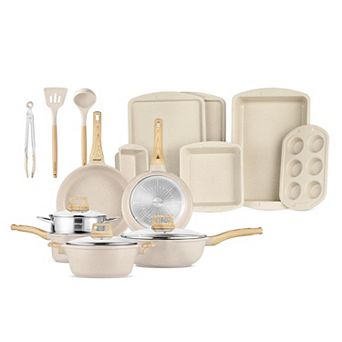 20 pc Cookware & Bakeware Set Nonstick Granite Pots, Pans & Glass Lids, Oven Safe 500°F