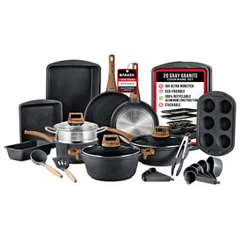 20 pc Cookware & Bakeware Set Nonstick Granite Pots, Pans & Glass Lids, Oven Safe 500°F
